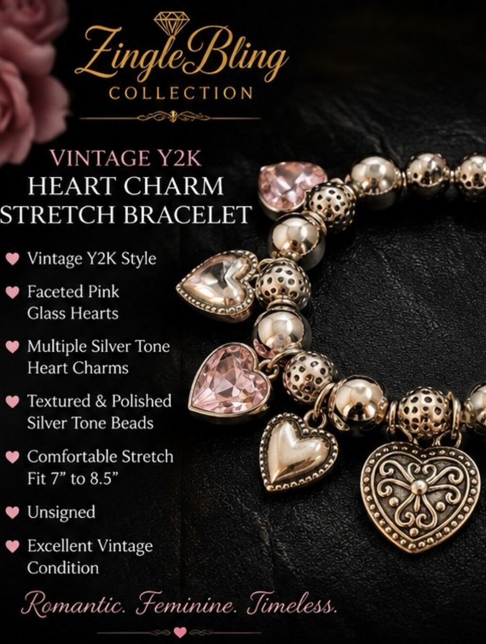 Vintage Y2K Pink Glass Heart Charm Stretch Bracelet Silver Tone